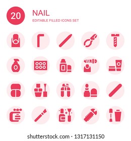 nail icon set. Collection of 20 filled nail icons included Nails, Allen keys, Nail brush, clippers, Screw, Lotion, Eyeshadow, Lip balm, file, Cosmetics, Makeup, polish