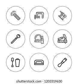 Nail icon set. collection of 9 outline nail icons with carpenter, chisel, makeup, screw icons. editable icons.