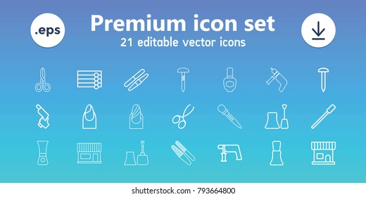 Nail icons. set of 21 editable outline nail icons includes wooden wall, nailfile, beauty salon, manicure scissors