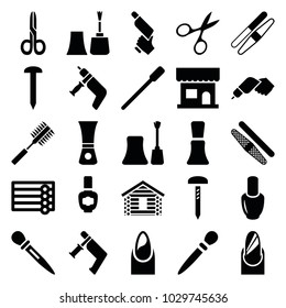 Nail icons. set of 25 editable filled nail icons such as wooden wall, nail polish, beauty salon, manicure scissors