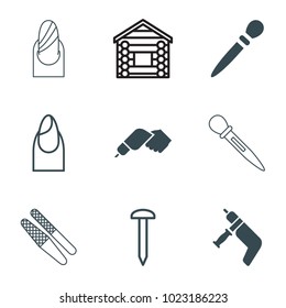 Nail icons. set of 9 editable filled and outline nail icons such as wooden wall