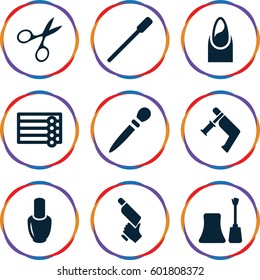 nail icons set. Set of 9 nail filled icons such as wooden wall, nail polish