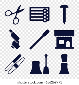 Nail icons set. set of 9 nail filled icons such as wooden wall, nailfile, beauty salon, manicure scissors