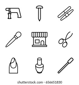 Nail icons set. set of 9 nail outline icons such as nail polish, beauty salon, manicure scissors