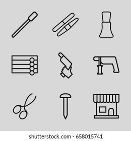 Nail icons set. set of 9 nail outline icons such as wooden wall, nailfile, beauty salon, manicure scissors