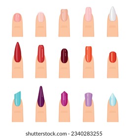 Los iconos de las uñas establecen el vector de la caricatura. Salón de manicura. esmalte de spa