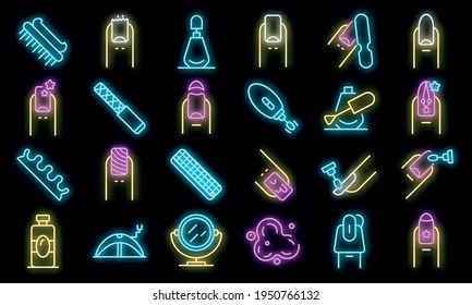 Fijación de iconos de cola. Conjunto de contornos de iconos de vectores de uñas color de neón en negro