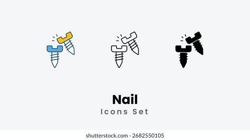 Nagel Icons dünne Linie, Schwarze Glyphe, Farbige Linie Vektorsymbol Stockgrafik