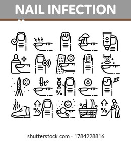 Nail Infection Disease Collection Icons Set Vector. Nail Infection And Treatment, Virus And Research, Smell Boot And Feet Wash Concept Linear Pictograms. Contour Illustrations