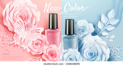 Nail lacquer ads with paper flowers and butterfly in 3d illustration