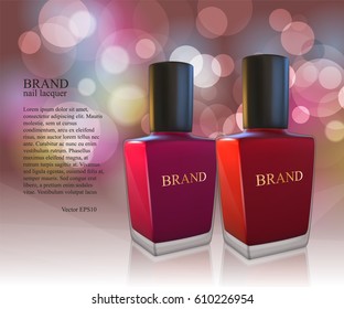 Nail lacquer ads, nail polish bottles on glowing background. 3D Realistic vector illustration