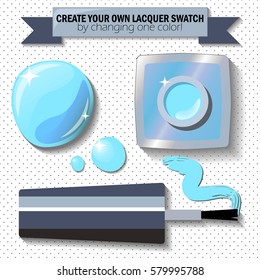 Nail lacquer color swatch vector illustration. Nail polish bottle, brush and drop. Light blue enamel in realistic style. Open nail lacquer flat lay polka dot background. Woman manicure cosmetic set