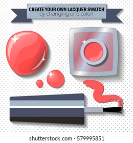 Nail lacquer color swatch vector illustration. Nail polish bottle, brush and drop. Coral red enamel in realistic style. Red nail lacquer flat lay polka dot background. Female nail care cosmetic set