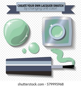 Nail lacquer color swatch vector illustration. Nail polish bottle, brush and drop. Sage green enamel in 3d. Opened nail lacquer with blot and brush stroke. Cosmetic flat lay on polka dot background