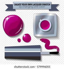 Nail lacquer color swatch vector illustration. Nail polish bottle, brush and drop. Deep red nail enamel. Open nail lacquer with blot flat lay polka dot background. Woman manicure salon banner template