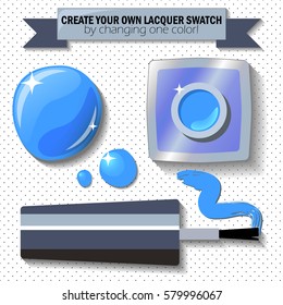 Nail lacquer color swatch vector illustration. Nail polish bottle, brush and drop. Bright blue enamel in realistic style. Nail care kit flat lay polka dot background. Feminine manicure cosmetic banner