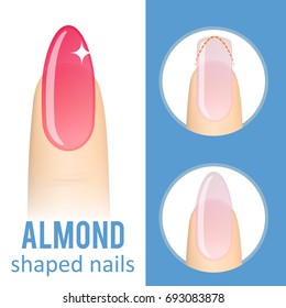 Nail manicure. How to make almond nail shape. Vector