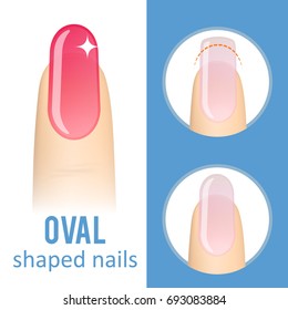 Nail manicure. How to make oval nail shape. Vector