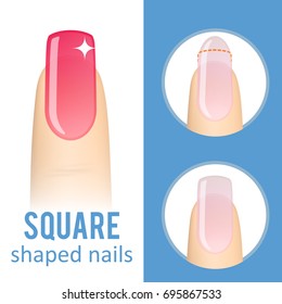 Nail manicure. How to make square nail shape. Vector