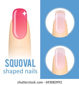 Nail manicure. How to make squoval nail shape. Vector