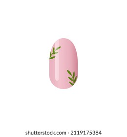 Nail manicure with leaves on pink base gel, realistic vector illustration isolated on white background. Nail art fashion beauty trend in female manicure.