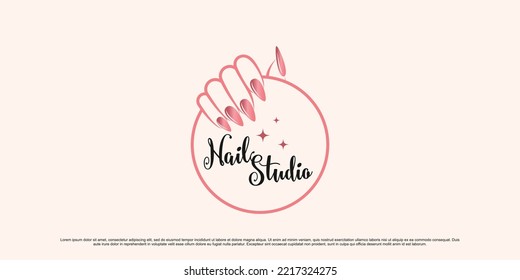 Nail and manicure logo design for nail salon with emblem style and creative element Premium Vector