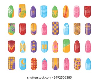 Nail manicure print. Trendy fake Nails Art Designs, Colorful Stylish Manicure pedicure glamour personal manicured fingernails ornament Beauty Fashion set swanky Vector Illustration authors graphics