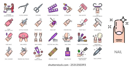 Nail manicure service color line icons. Vector outline nail polish and hand care tools, beauty and spa salon fingernail clipper, file and scissors, cuticle nipper, pusher and oil isolated signs