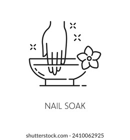 Nail manicure service icon with soak bowl. Woman beauty or spa salon, cosmetics and makeup products shop symbol, manicure and pedicure master linear vector symbol. Cosmetology service outline sign