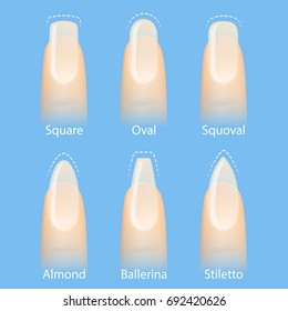 Nail manicure, set of nails shapes - oval, square, almond, stiletto, ballerina, squoval. Vector