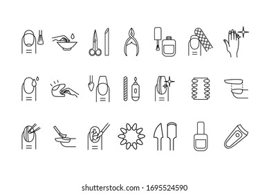 Nail Manicure Sign Black Thin Line Icon Set Include of Hand, Scissors and Cutter. Vector illustration of Icons