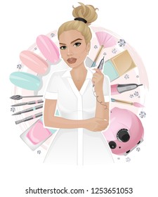 Nail master with instruments on elements background