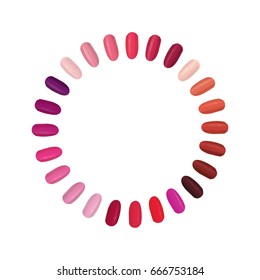 Nail palette set. Colorful nails settled in a circle. Manicure nails polished sign.