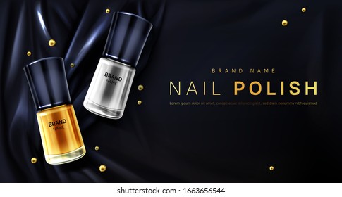 Nail polish 3d bottles gold and silver metallic palette mock up banner, cosmetic glass tubes on black satin soft silk fabric with folds and pearls. Cosmetics make up product, Realistic vector mockup