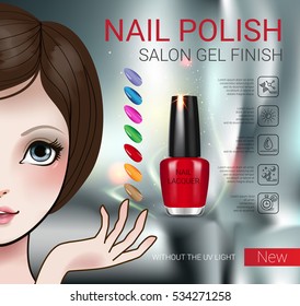 Nail polish ads. Vector Illustration with Manga style girl and nail polish in glass bottle.