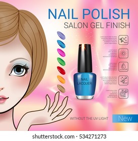 Nail polish ads. Vector Illustration with Manga style girl and nail polish in glass bottle.