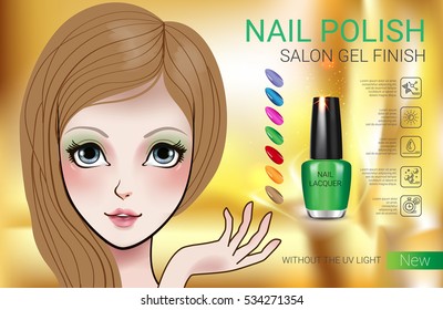 Nail polish ads. Vector Illustration with Manga style girl and nail polish in glass bottle.