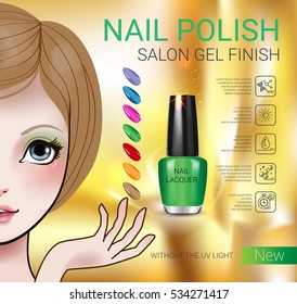 Nail polish ads. Vector Illustration with Manga style girl and nail polish in glass bottle.