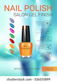 Nail polish ads. Vector Illustration with nail polish in glass bottle.