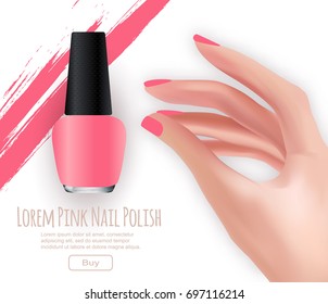 Nail polish advertisement concept isolated on white background, vector illustration. Realistic hand, beautiful manicure, pink glass bottle, grunge swatch, promo text.