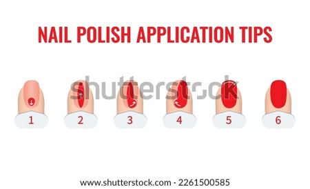 Nail polish application technique infographics. 6 steps of nail painting. Red fingernails on blue background. Professional manicure beauty concept. Vector illustration.