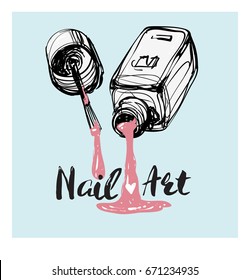 Nail polish art graphic. Manicure salon positive banner. Fashion illustration.  T-shirt print idea.