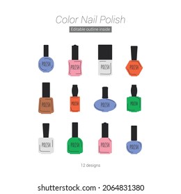 Nail polish art set. Different tube designs in pink, red, green, brown, lilac and gray. Drawn in a minimalistic sketch style. Perfect for manicurists, bloggers, online stores, printing.