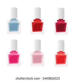 Nail polish assortment of beautiful bright colors on white background, paint bottles vector illustration.