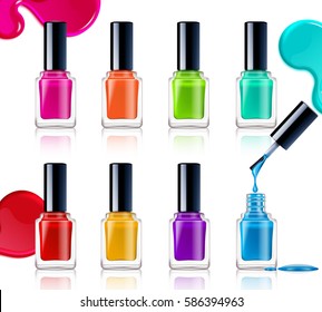 Nail polish assortment of beautiful bright colors on white background with colorful drops realistic vector illustration