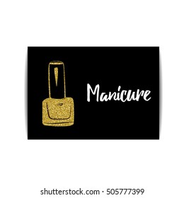 Nail polish banner with golden glitter texture. Manicure card with shiny sparkles. Fashion template for beauty salon or nail artist design. For coupon and gift certificate. Vector EPS10 illustration.