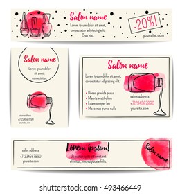 Nail polish banner. Vector set of manicure flyers and coupons. Beauty salon or nail artist design. Isolated fashion templates collection. Watercolor sketchy style. Hand drawn  illustration. EPS10.