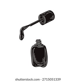 Botella de esmalte de uñas con aplicador y silueta de goteo negro. Dibujado a mano elemento gráfico de Vector para la ilustración cosmética. Objeto de belleza para el diseño de manicura y pedicura. Gota polaca en la punta del pincel.