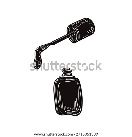 Nail polish bottle with applicator and drip black silhouette. Hand drawn vector graphic element for cosmetic illustration. Beauty object for manicure and pedicure design. Polish drop on brush tip.