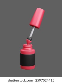 Nail polish bottle with brush applicator 3D vector illustration. Red and black luxury beauty fashion makeup product. Manicure pedicure beauty salon accessory nail polish open lacquer bottle 3D vector.